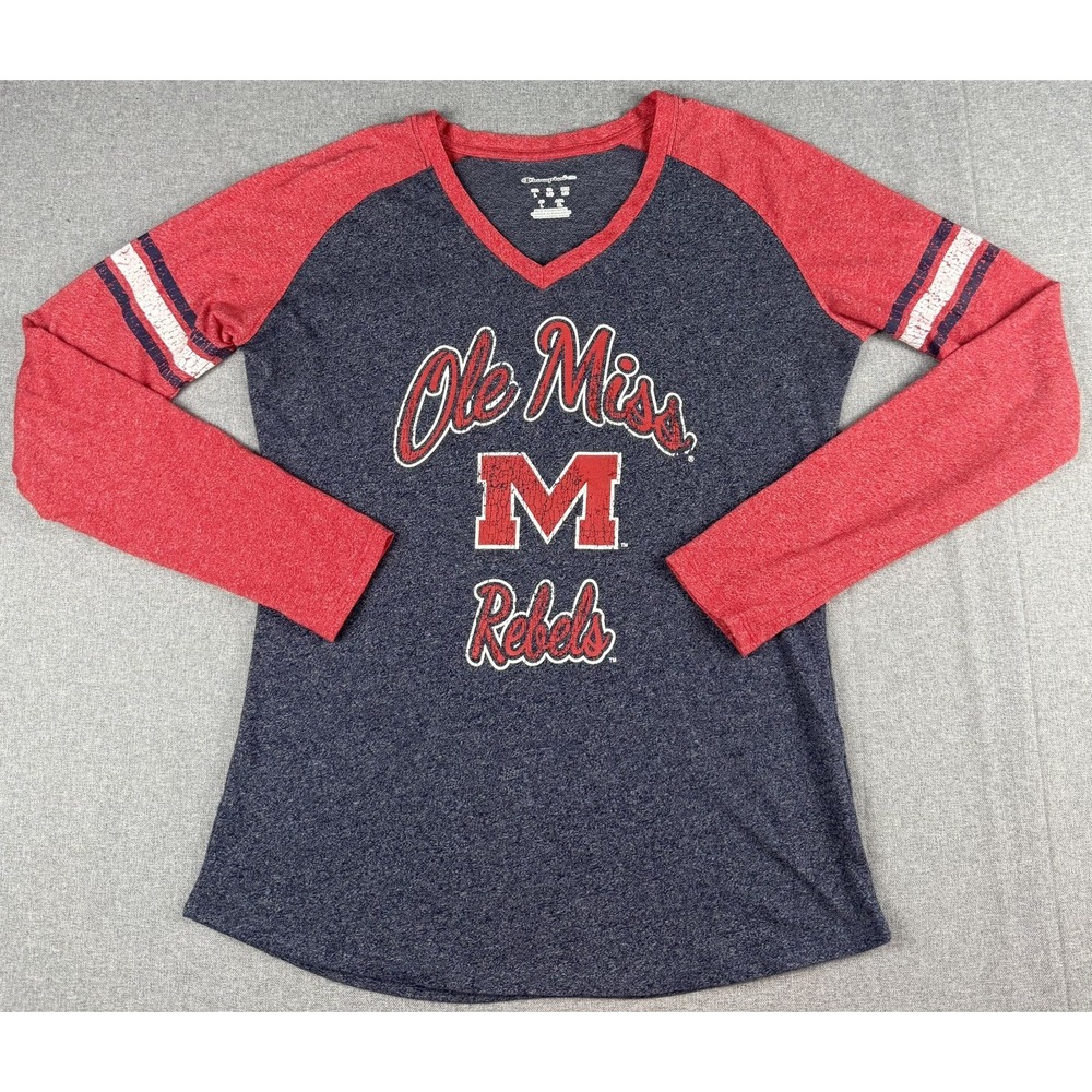 Champion Ole Miss Rebels Womens Large Long Sleeve Shirt NCAA V Neck Distressed